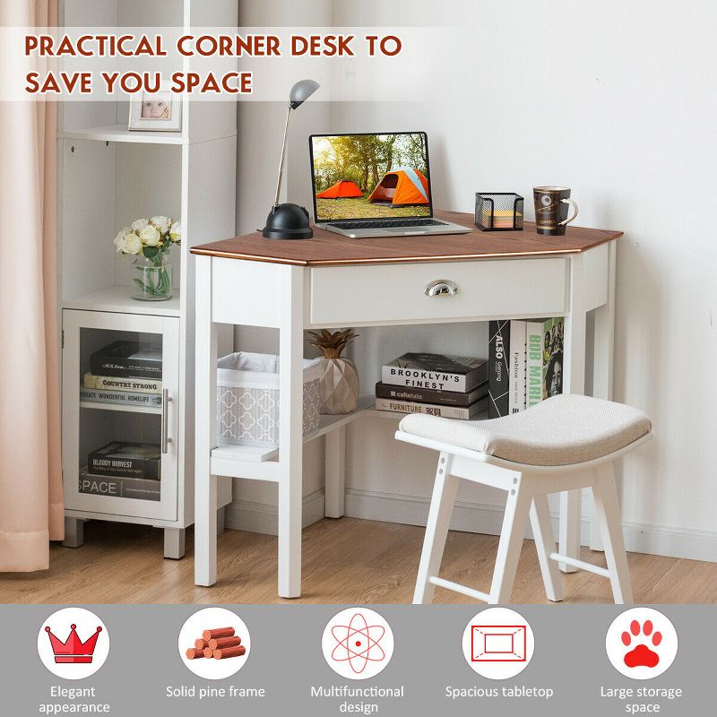 Costway Triangle Computer Desk Corner Office Desk Laptop Table w/ Drawer Shelves Rustic Natural &White, 4 of 9