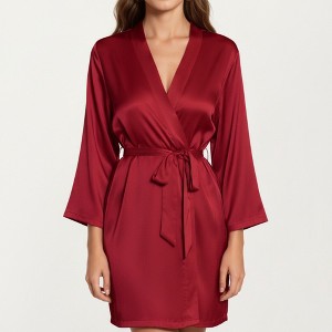 Anna-Kaci Lounge Women's Satin Short Robe with Wrap Front Design and Adjustable Tie Waist in Smooth Lightweight Silky Fabric - 1 of 4