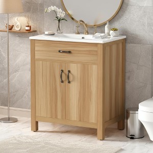 Merax Natural Wood Bathroom Vanity with Ceramic Sink, Flip Drawer, Double Door Storage & Adjustable Shelves - 1 of 4