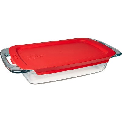 Pyrex Easy Grab Glass Oblong Baking Dish with Red Plastic Lid (2-quart).