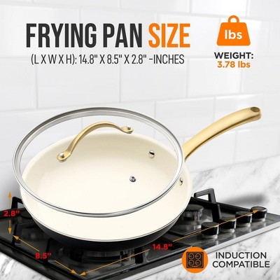 8-Inch White Ceramic Non-Stick Fry Pan with Golden Handle and Lid