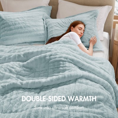 Madison Park Solid Color Faux Fur Ribbed Comforter Set, Elegant Box Quilting Design Luxury Style Bedding Set, Aqua, King/Cal King — фото 5