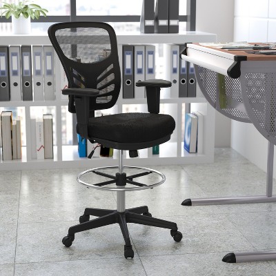 Black Mesh Mid-Back Ergonomic Drafting Chair with Adjustable Arms