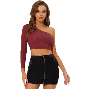 Allegra K Women's Party Glitter Metallic Slim Fitted One Shoulder T-Shirt - 1 of 4