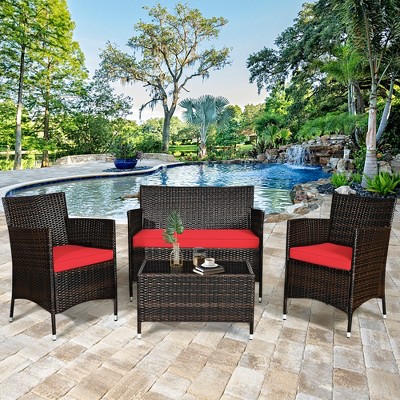 Tangkula 4 Pieces Patio Rattan Conversation Furniture Set Outdoor w/ Brown & Red Cushion