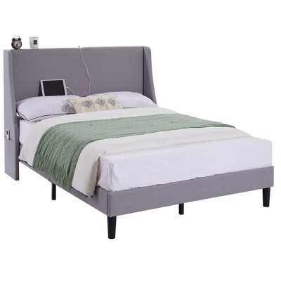 VECELO Upholstered Full/Queen Size Bed Frame with Headboard & Wingback, Platform Bed with USB & Type-C Ports