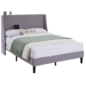 VECELO Upholstered Full/Queen Size Bed Frame with Headboard & Wingback, Platform Bed with USB & Type-C Ports - 1 of 4