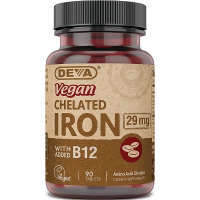Deva Vegan Chelated Iron with Added B12 29 mg 90 Tablets.