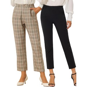 Allegra K Women's Plaid High Waist Elastic Back Office Work Ankle Pants 2 Packs - 1 of 4