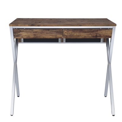 Vynxaria Rustic-Modern 2-Drawer Writing Desk - Weathered Oak Top & Chrome X-Shaped Metal Legs