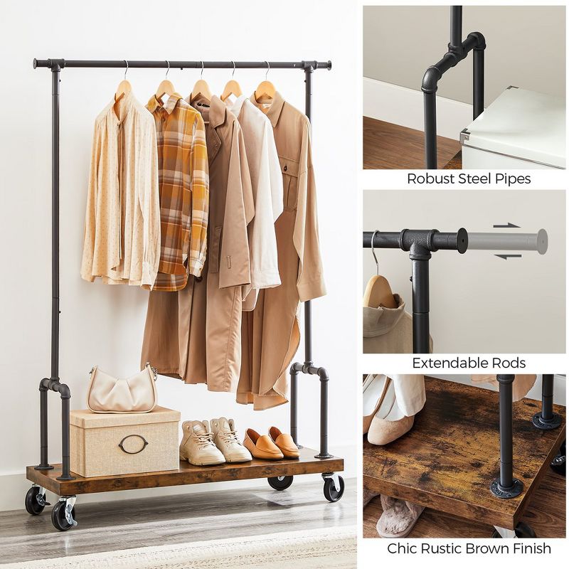 VASAGLE Rolling Clothes Rack Garment Rack for Hanging Clothes with Wheels Hanging Rail and Shelf Heavy-Duty Rustic Brown and Black, 5 of 7