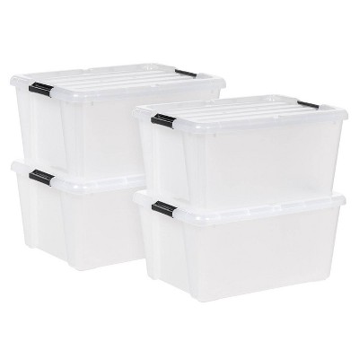 IRIS 45qt 4pk Plastic Storage Container Bin with Secure Lid and Latching Buckles Clear Black: Stackable Utility Totes