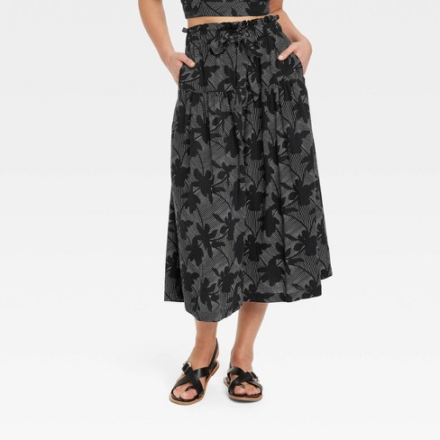 Women's Tie Waist Midi Skirt - Universal Thread™ Black Floral XS