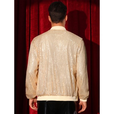 Lars Amadeus Men's 70s Disco Zipper Metallic Shiny Sequin Varsity Jacket Golden Small — фото 3