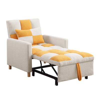 Aukfa Convertible Sleeper Chair Bed, Patchwork Pull Out Sofa Chair with Adjustable Backrest, Teddy - Beige/Yellow