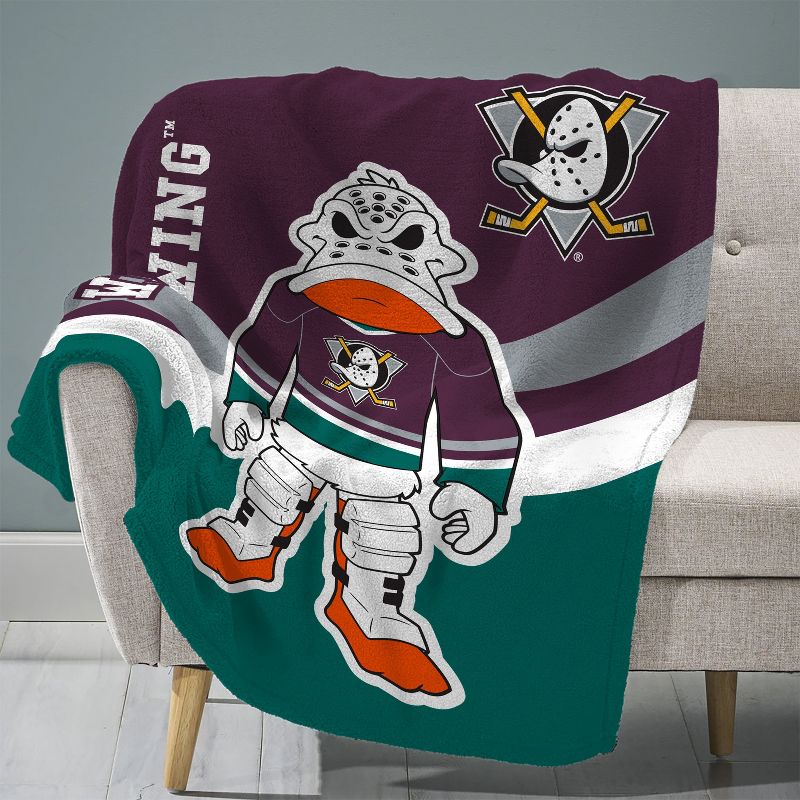 Sleep Squad Anaheim Ducks Wild Wing Mascot 60 x 80 Raschel Plush Blanket - Throwback, 1 of 6