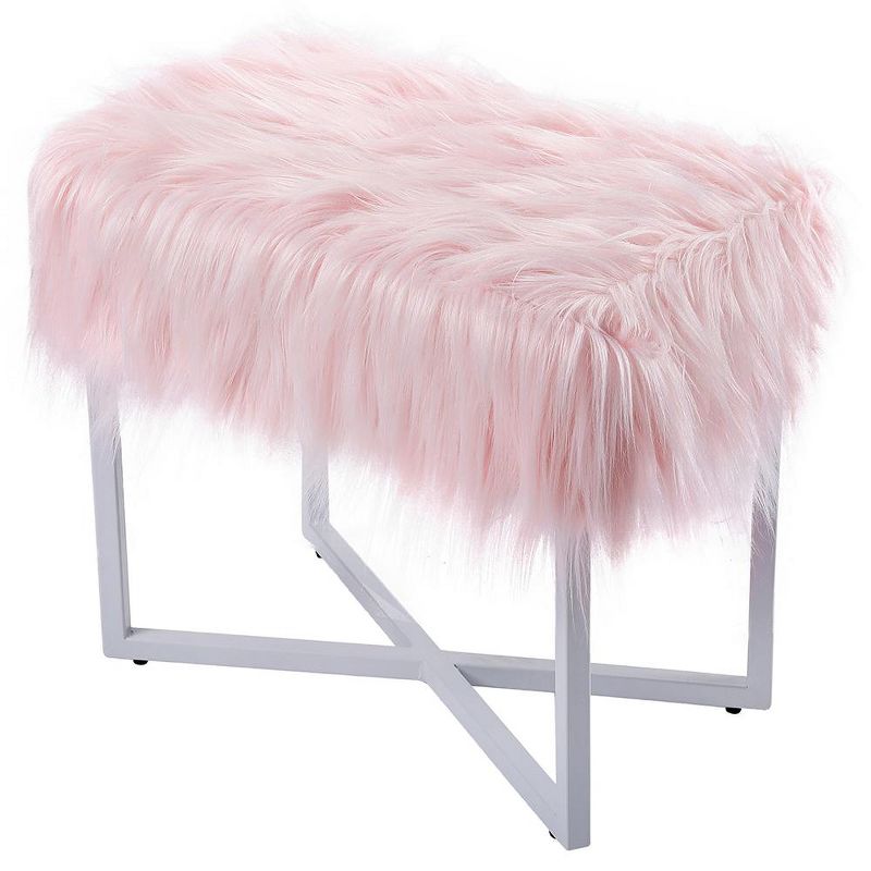 BirdRock Home Rectangular Pink Faux Fur Foot Stool Ottoman with White Legs, 1 of 3
