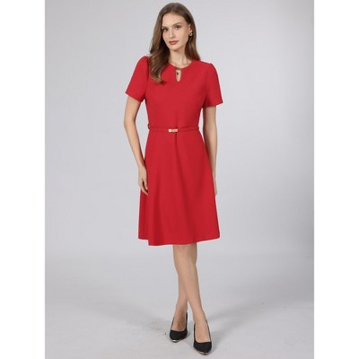 Женские платья INSPIRE CHIC Women's Elegant A-Line Choker V Neck Belted Wear to Work Fit and Flare Dress Medium Dark Red — фото 2