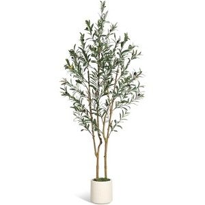 4/5/6/7FT Artificial Olive Tree, Faux Silk Plant with Natural Wood Trunk, Lifelike Fruits, Imitation Ceramic Planter & Green Moss for Home Office - 1 of 4