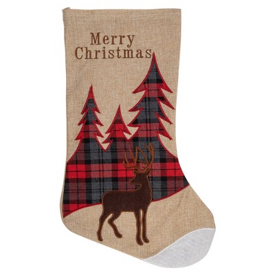 Northlight 19" Beige and Red Plaid Reindeer With Forest Trees Christmas Stocking