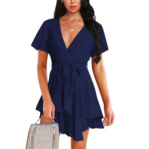 Clearlove Womens Skater Dresses V Neck Short Sleeve Tie Waist Solid Ruffle Boho Flowy Swing Mini Dress - 1 of 3