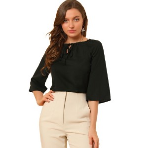 INSPIRE CHIC Women's Self-Tie Neck 3/4 Bell Sleeve Blouse - 1 of 4