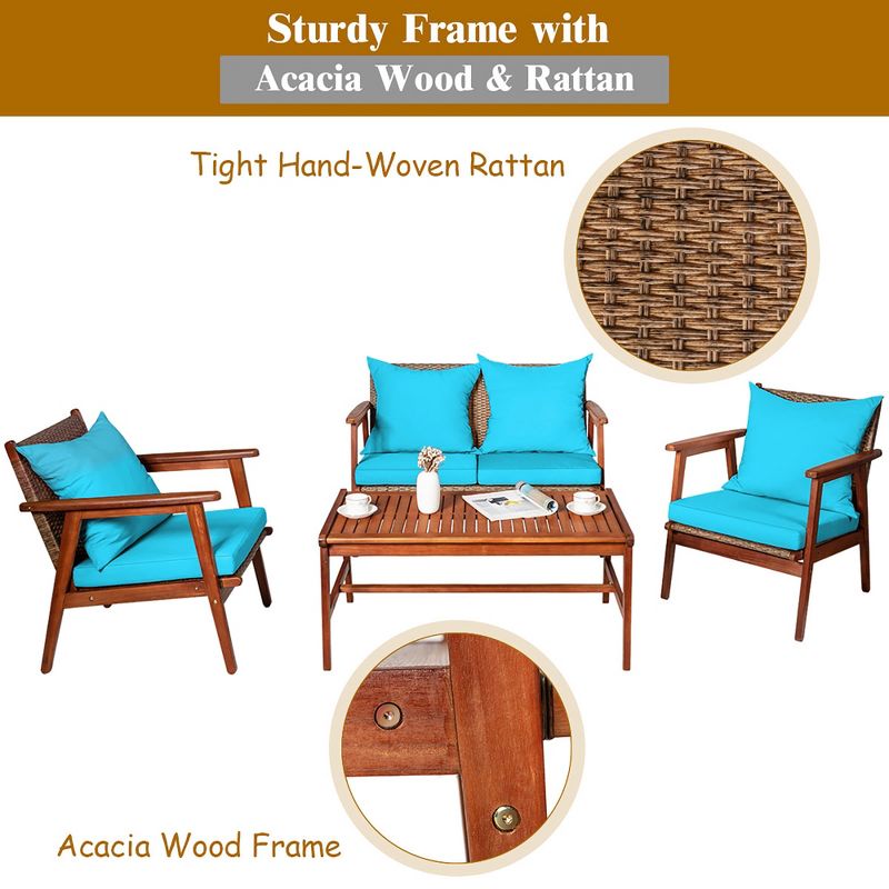 Costway 4PCS Patio Rattan Furniture Set Acacia Wood Frame Cushioned Sofa Chair Turquoise, 3 of 11
