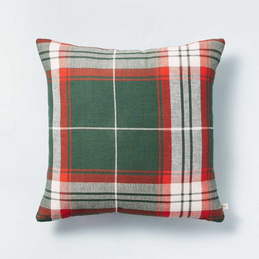 18"x18" Holiday Plaid Square Throw Pillow Green/Red/Cream - Hearth & Hand with Magnolia