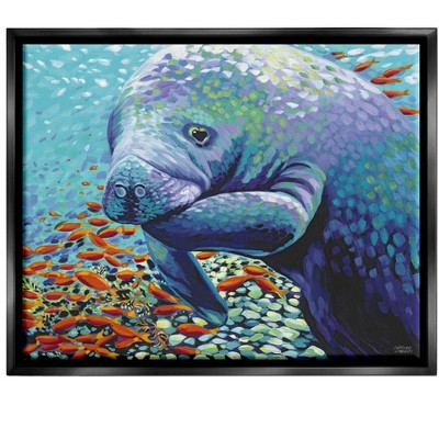 Stupell Industries Underwater Manatee Impressionist Framed Floater Canvas Wall Art