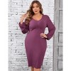 Women's Plus Size Rib Knit Lantern Long Sleeves V Neck Midi Dress - 4 of 4