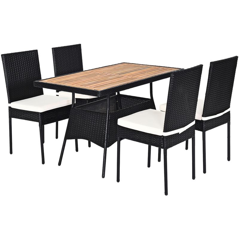 Tangkula 5PCS Outdoor Rattan Wicker Dining Set Acacia Wood Table & 4 Chairs with Cushions, 3 of 6