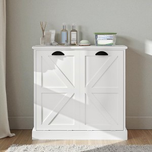 Two-Compartment Tilt-Out Laundry Sorter Cabinet, Freestanding Laundry Hamper with Removable Bags, White Modern Storage Cabinet - 1 of 4