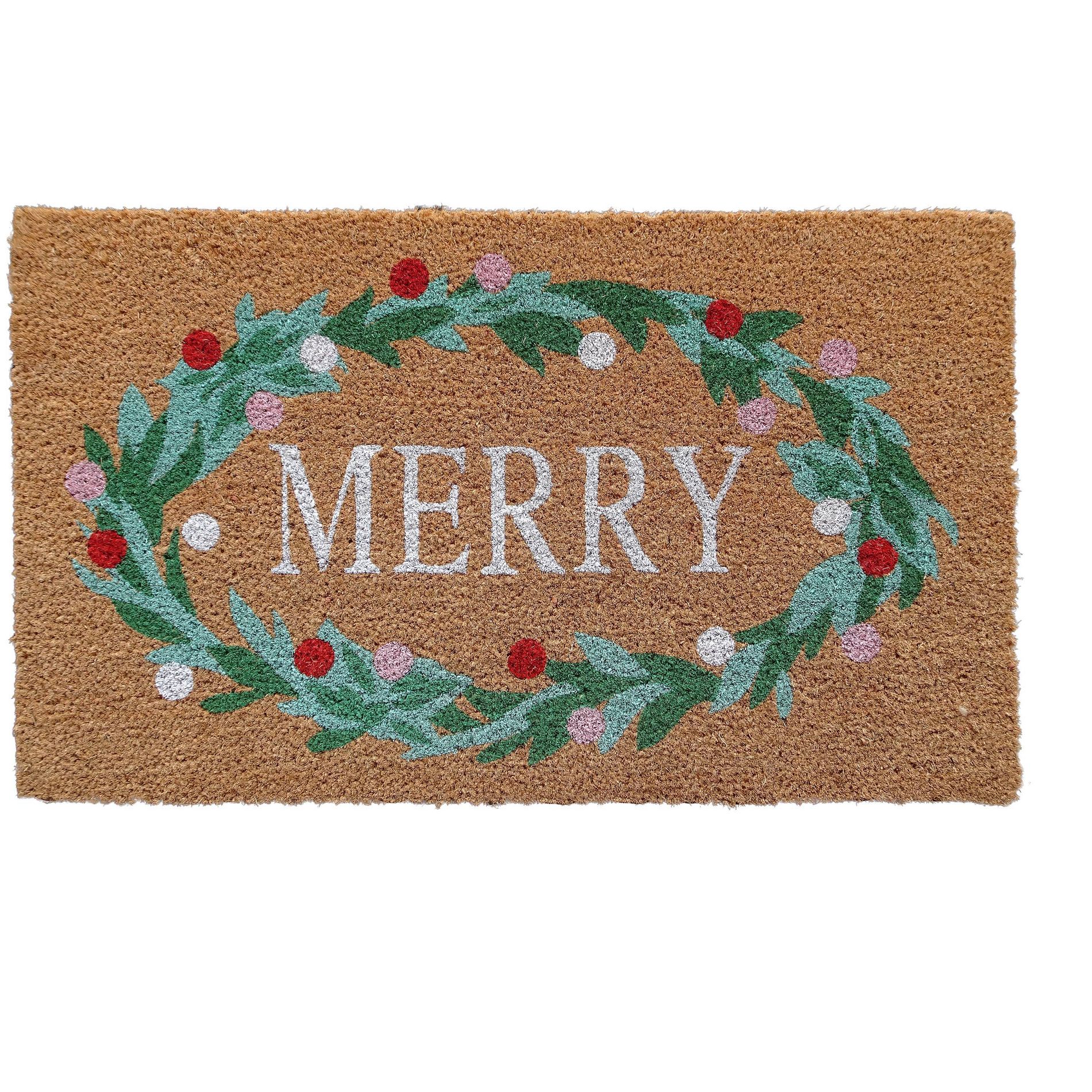 18"x30" Holiday Merry Wreath Coir Doormat Natural and Green