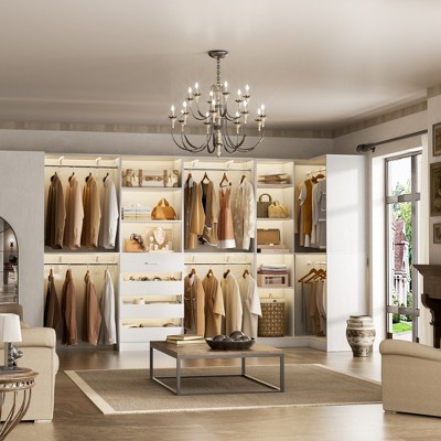 Aheaplus Corner Closet System with 6 Hanging Rods, Closet Organizer System with Shelves and Drawers