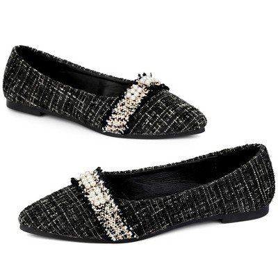 Perphy Women's Pearl Decor Pointy Toe Tweed Plaid Ballet Flats