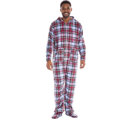ADR Men's Plush Fleece One Piece Hooded Footed Zipper Pajamas Set, Soft Adult Jumpsuit PJs with Hood