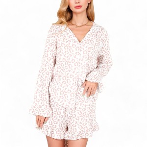 Anna-Kaci Lounge Women's Button-Down Leopard Print Pajama Set with Ruffled Hem Shorts - 1 of 4