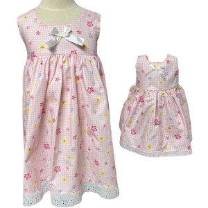 Doll Clothes Superstore Matching Girls Size 3 Pink Flowers & Checks Long Dress with 18 Inch Doll Outfit - 1 of 4