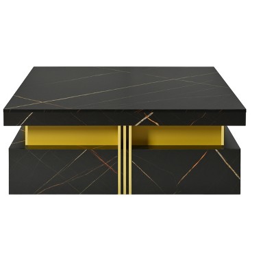 Vynxaria Series 43.3 in. Black Square MDF End Table with 4 Drawers and Gold Accents