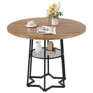 Homhougo Round Dining Table for 4, 38.6 Inch Wood Dining Room Table with Storage Shelf Brown - 1 of 4