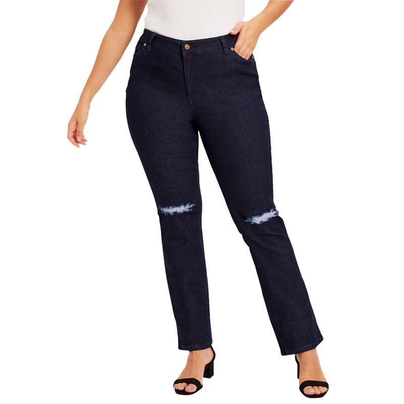 June + Vie by Roaman's Women's Plus Size Curvie Fit Distressed Straight-Leg Jeans, 1 of 2