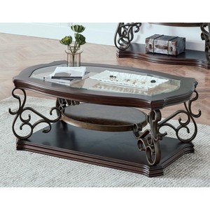 Glass Coffee Table End Table Cocktail Table Side Table Accent Table with Serpentine & Scrolling Flower Metal Legs, Brown-ModernLuxe - 1 of 4