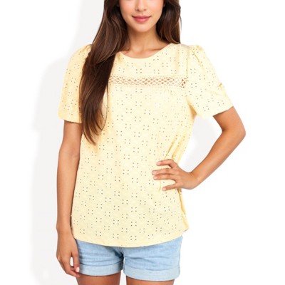 Anna-Kaci Women's Short Sleeve Eyelet Lace Top With Puff Shoulders And Crochet Details