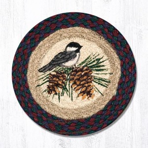 Earth Rugs Round Trivet – Chickadee Bird Print on Braided Jute, 10"x10", Rustic Nature-Inspired Design - 1 of 3