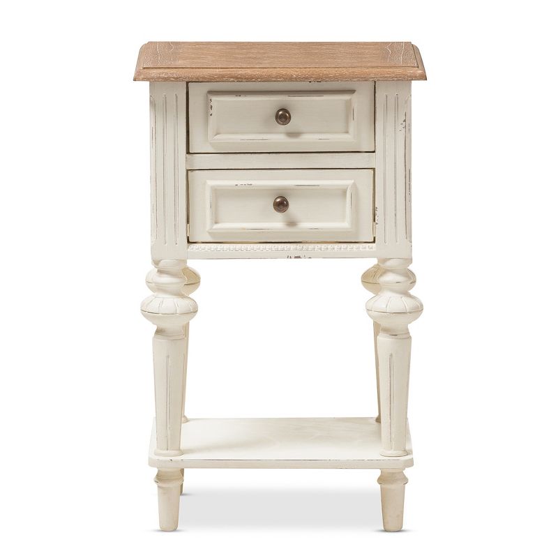 Marquetterie French Provincial Style Weathered Oak Wash Distressed Wood Finish Two - Tone 2 - Drawer and 1 - Shelf Nightstand - White - Baxton Studio, 3 of 7