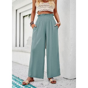 Women Summer Elastic High Waisted Cotton Linen Palazzo Pants Wide Leg Long Lounge Pant Trousers with Pocket - 1 of 4