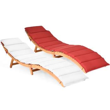 Costway 2 PCS Folding Wooden Outdoor Lounge Chair Chaise Red/White Cushion Pad Pool Deck