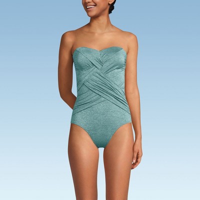 Lands' End Women's Slender Suit Shine Bandeau Tummy Control Chlorine Resistant High Leg One Piece Swimsuit