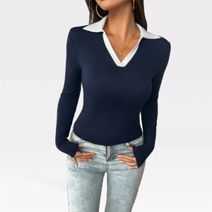 Womens Color Block V Neck Polo Shirts Bodycon Long Sleeve Tops Business Casual Collared Work Top Slim Fitted Stretchy Basic Shirts - 1 of 4