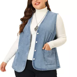 Agnes Orinda Women's Plus Size Sleeveless Denim Button Down V Neck Jean Waistcoat Jacket Vests Grey Blue 2X